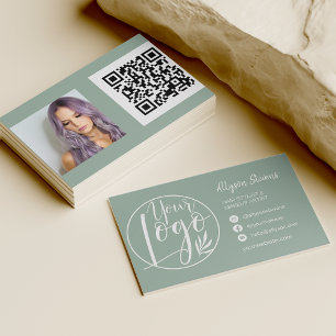 Carte De Visite Simple sauge vert maquillage photo logo qr code