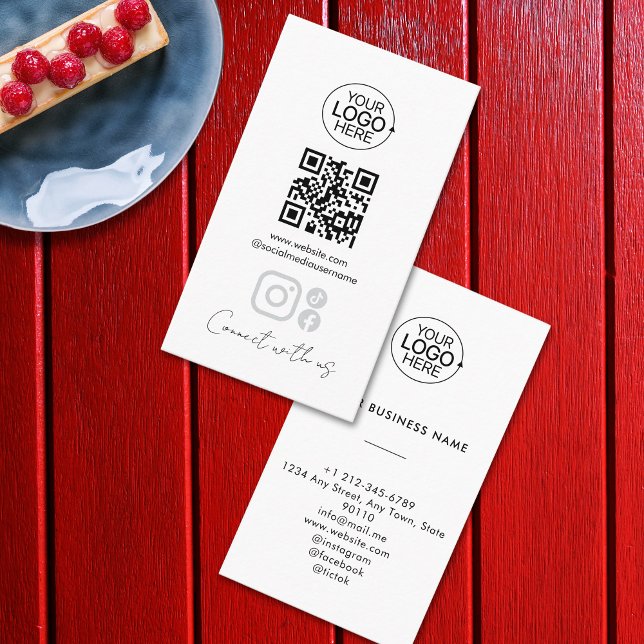 Carte De Visite Simple Script Connectez-vous avec nous Ajouter un  (Simple Script Connect With Us Add Logo QR Code Business Card)