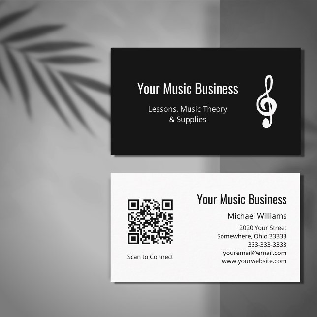 Carte De Visite Simple Treble Clef QR code leçons de musique noir (Créateur téléchargé)