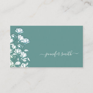 Carte De Visite Simple Turquoise Fleur vert Dessin Floral Chic