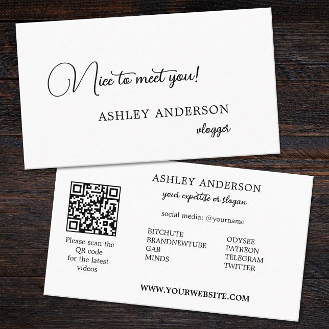 Carte De Visite Simple Vlogger non censuré Social Media QR Code (Créateur téléchargé)