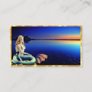 Carte De Visite Sirène océanique, coucher de soleil et coquilles c