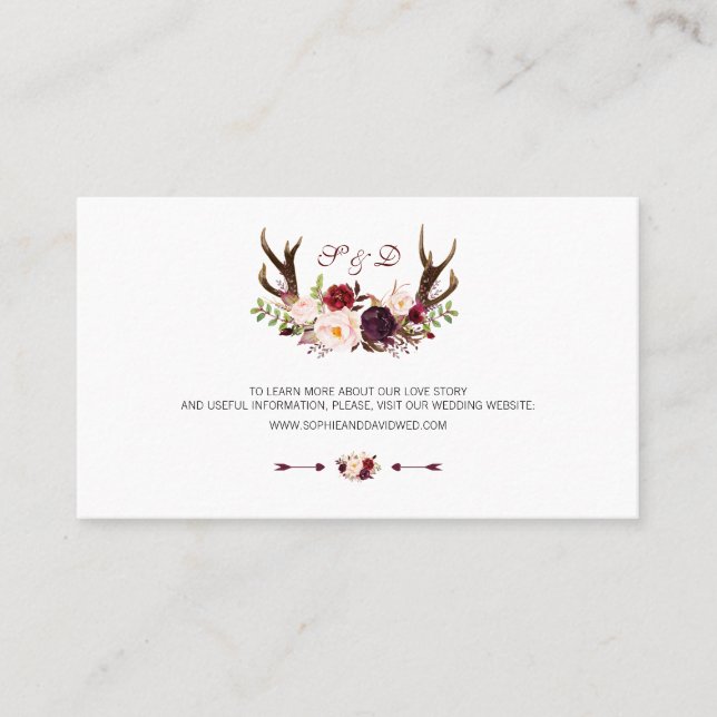 Carte De Visite Site Mariage de Burgundy Marsala Floral Antlers (Devant)