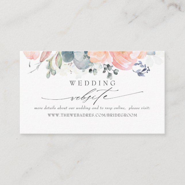 Carte De Visite Site mariage Dusty Blue et Peach Foliage (Devant)