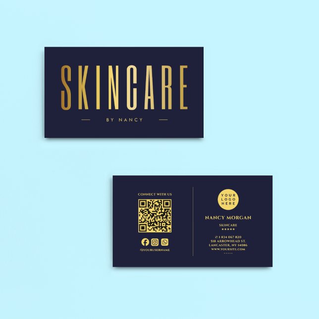 Carte De Visite Skincare Marine Et Gold QR Code & Logo (Créateur téléchargé)