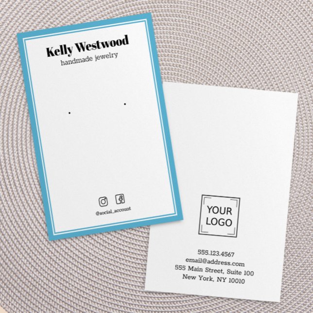 CARTE DE VISITE SKY BLUE BORDER EARRING AFFICHER LOGO SOCIAL ICON (Sky blue border earring display cards for jewelry business jewelry crafters or designers)