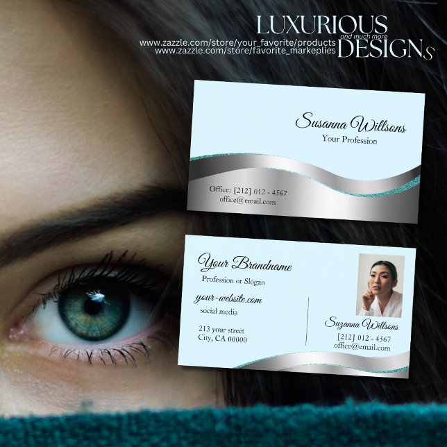 Carte De Visite Smart Turquoise Wavy Silver Decor avec Photo Class (Créateur téléchargé)