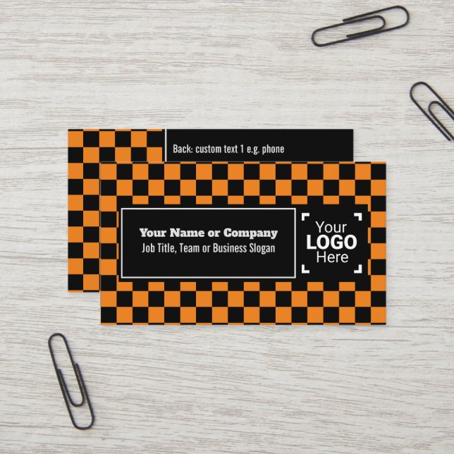 Carte De Visite Snazzy Orange / Black À damiers Propre Texte, QR,  (Devant/Arrière en situation)