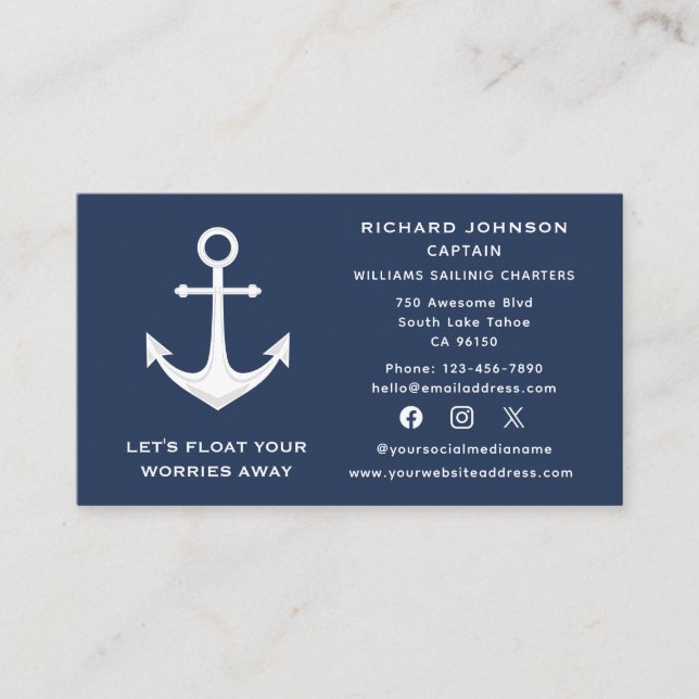 Carte De Visite Social Media Bleu nautique Blancs Ancre bateau Yac (Devant)