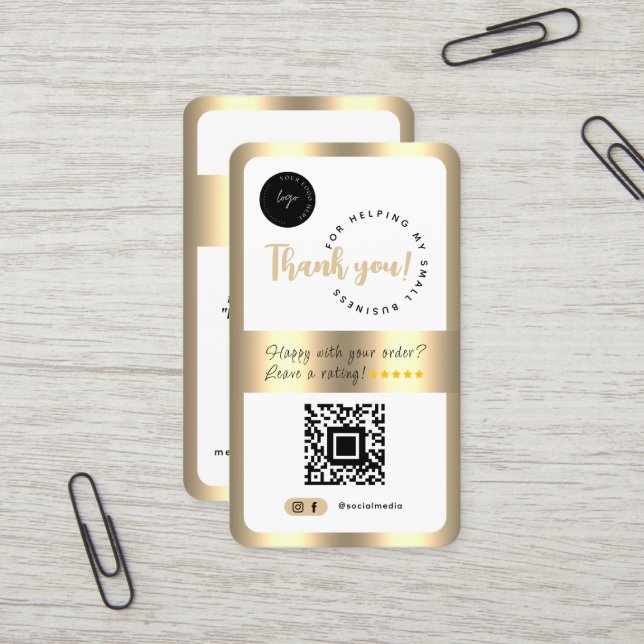 Carte De Visite Social Media Business QR Code Logo Merci Gold (Devant/Arrière en situation)