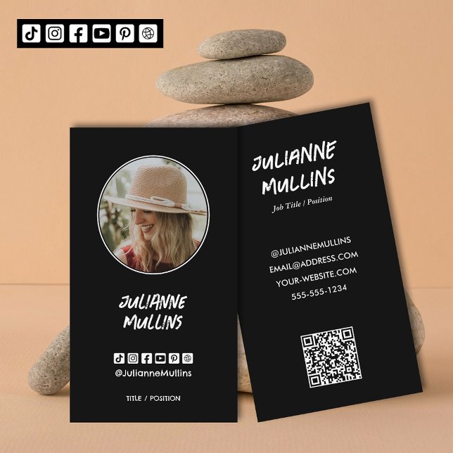 Carte De Visite Social Media Influencer QR Code (Social media influencer, content creator photo business cards with QR Code and 6 media icons)