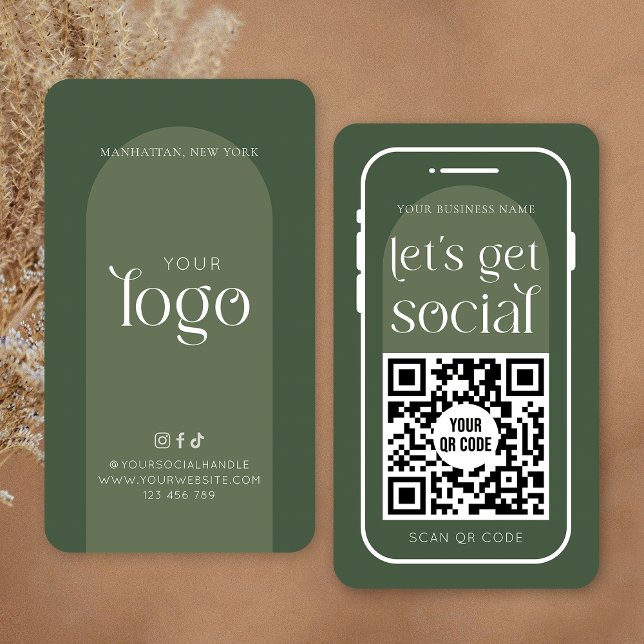 Carte De Visite Social Media QR Code Boho Sage Green Modern Logo (Modern sage green QR code business cards with your logo and scannable URL code)