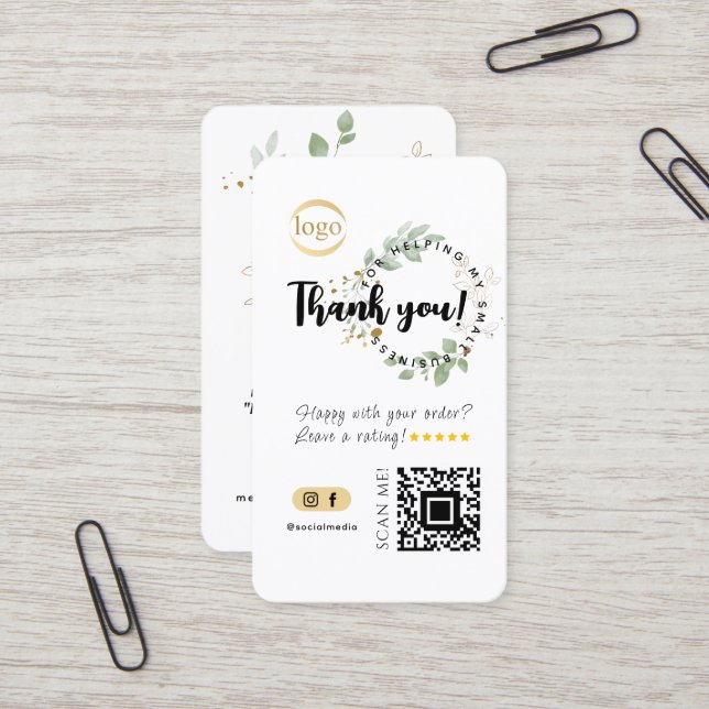 Carte De Visite Social Media QR Code & Logo Merci Eucalyptus (Devant/Arrière en situation)