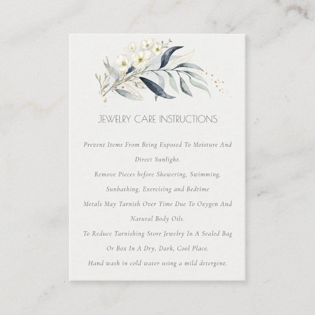 Carte De Visite Soft Blue Gold Leafy Botanical Jewelry Care (Devant)