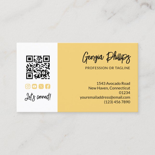 Carte De Visite Soft Yellow QR Code Photo Socialmedia Brush Script (Devant)