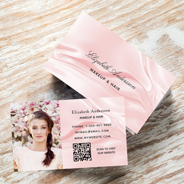 Carte De Visite Soie en satin rose pâle photo élégant code QR (Créateur téléchargé)