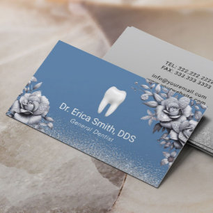 Carte De Visite Soins dentaires Dentist Luxe Argent Floral Bleu