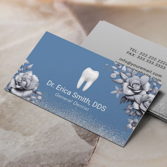 Carte De Visite Soins dentaires Dentist Luxe Argent Floral Bleu (Créateur téléchargé)