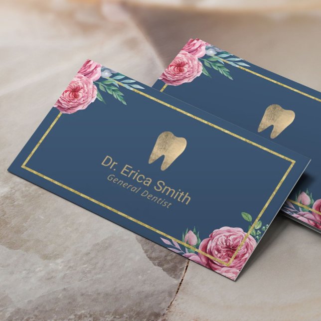 Carte De Visite Soins dentaires Élégant Marine & Or Floral Dentist (Créateur téléchargé)
