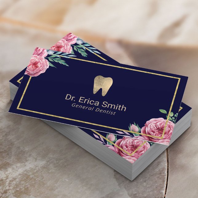 Carte De Visite Soins dentaires Moderne Marine & Or Floral Dentist (Créateur téléchargé)