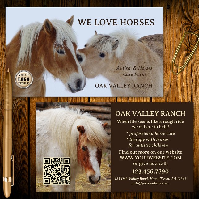 Carte De Visite Soins du cheval et traitement de l'autisme (Horse care and autism therapy equine business card with ponies for horse lovers)