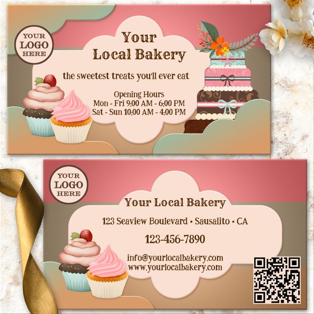 Carte De Visite Soins sucrés Boulangerie Cupcake (Sweet bakery business card showing a retro design with cupcakes and a large wedding or birthday cake)