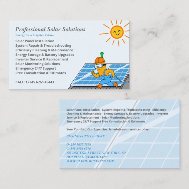 Carte De Visite Solar Panel Clean Maintenance Installation Cartoon (Devant / Derrière)