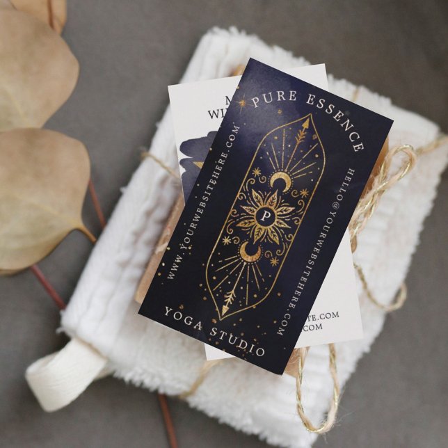 Carte De Visite Soleil céleste holistique & Lune Encre foncée Mono (Holistic Celestial Sun & Moon Dark Ink Monogram Business Card)