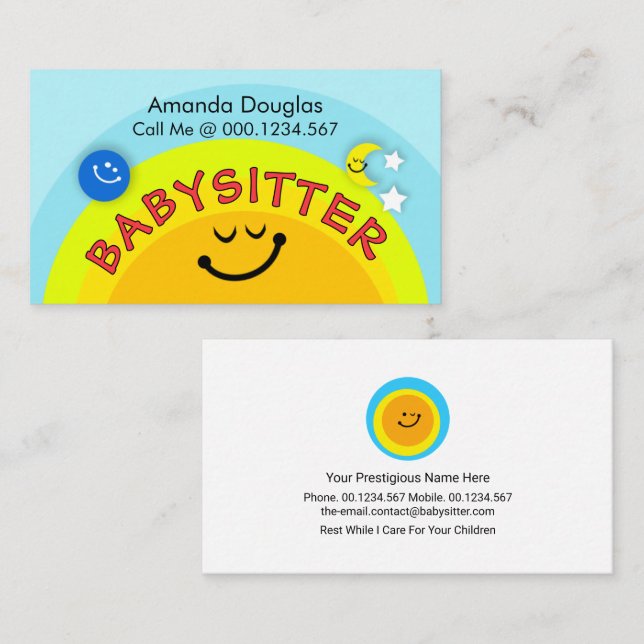 Carte De Visite Soleil Jaune Baby-sitting Little Earth Moon (Devant / Derrière)