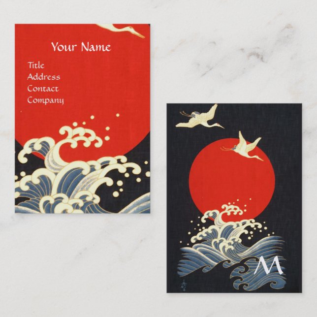 CARTE DE VISITE SOLEIL ROUGE, CRANS DE VOL JAPONAIS, VAGUES DE MER (Devant / Derrière)