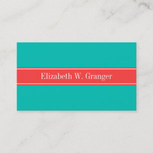 Carte De Visite Solid Teal, Coral Red Ribbon Monogram