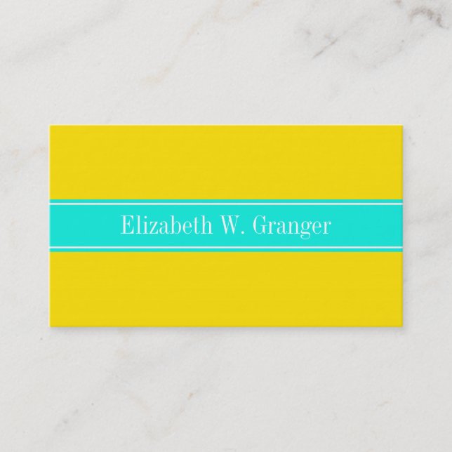 Carte De Visite Solide Jaune, Bright Aqua Ribbon Nom Monogramme (Devant)