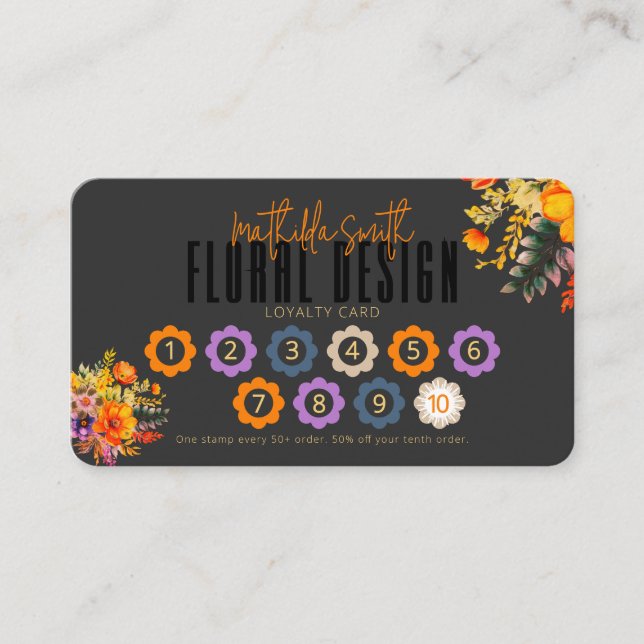 Carte De Visite Sophisticated Floral Design Black Orange Loyalty (Devant)
