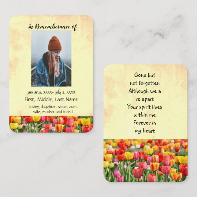 Carte De Visite Soupirs de poche Memorial Tulips Fleurs de jardin (Devant / Derrière)