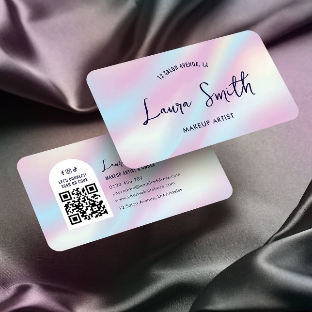 Carte De Visite Spa de salon Holographique QR Code maquillage (Trendy QR code business cards with holographic effect background and trendy fonts)