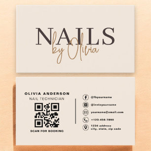 Carte De Visite Spécialiste en Ongles Code QR Neutre Beige Artiste