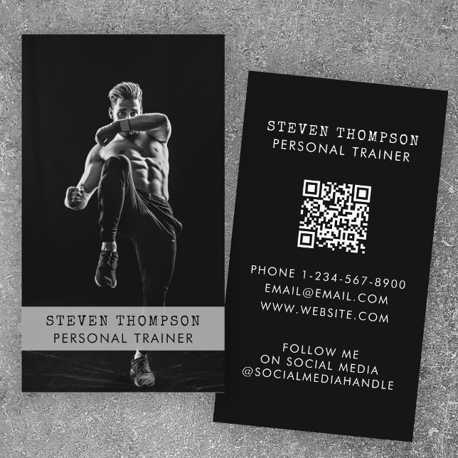 Carte De Visite Sport de l'entraîneur personnel Athlète noir blanc (Personal Trainer Fitness Athlete Black White Photo Business Card)