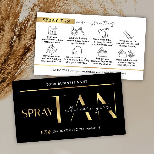 Carte De Visite Spray Tan Afcare Guide moderne Noir & Or (Modern black and gold spray tanning aftercare cards with icons)
