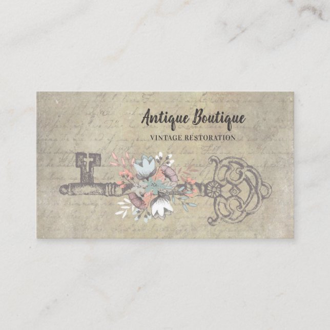 Carte De Visite Squelette floral ancien clé Restauration Vintage (Devant)