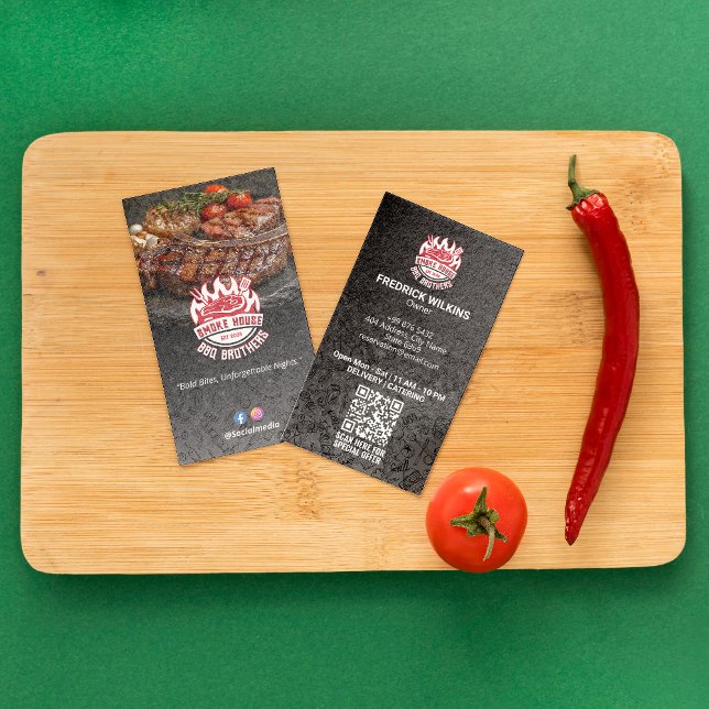 Carte De Visite Steak House Business | Code-barres foncé minimalis (Créateur téléchargé)