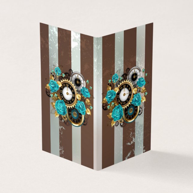 Carte De Visite Steampunk Clock and Turquoise Roses on Striped (Extérieur)