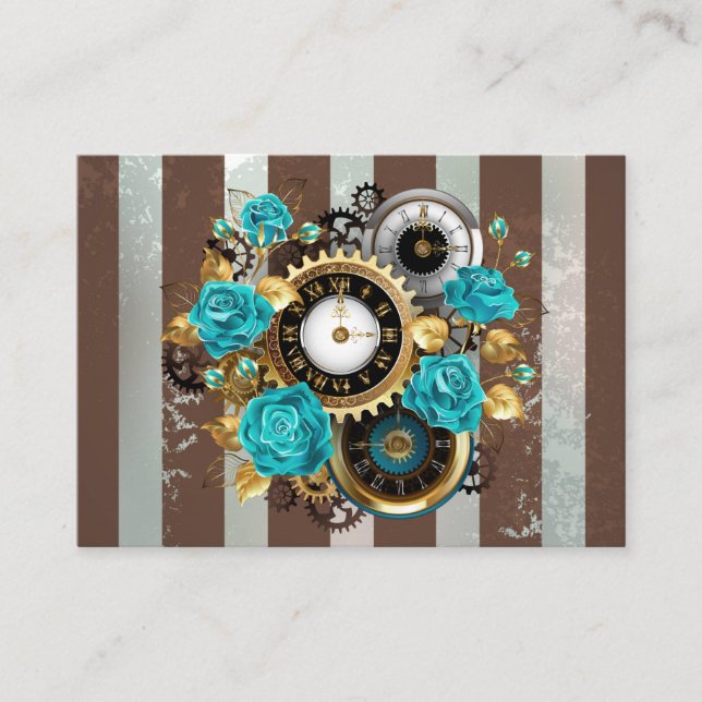 Carte De Visite Steampunk Clock and Turquoise Roses on Striped (Devant)