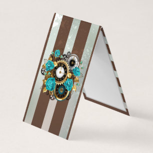 Carte De Visite Steampunk Clock and Turquoise Roses on Striped