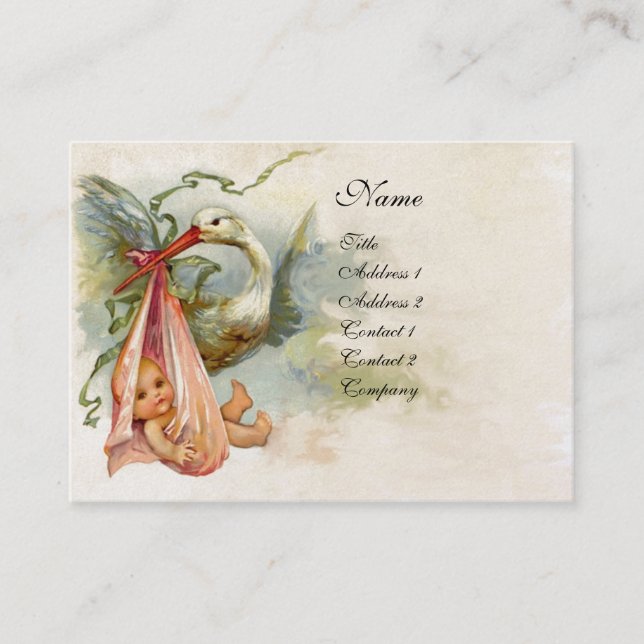 Carte De Visite STORK BABY SHOWER 2, papier perle blanc rose (Devant)