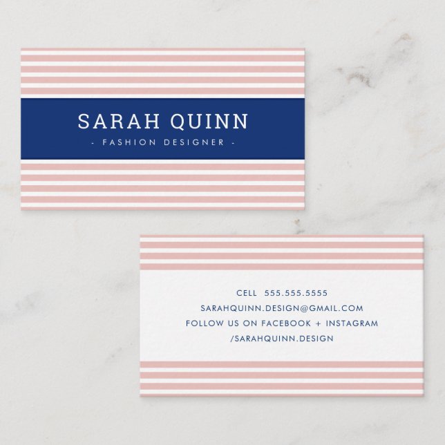 Carte De Visite STRIPE MINIMALE MODERNE BLANC rose marine bleu bla (Devant / Derrière)