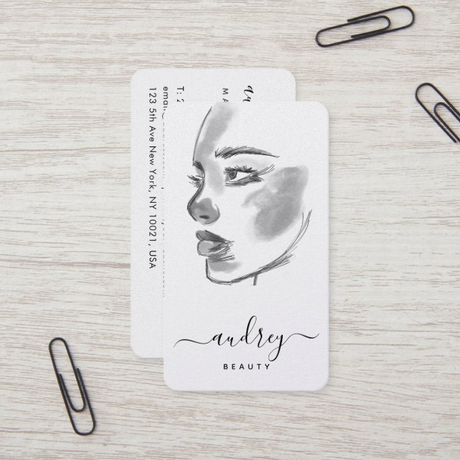 Carte De Visite Style Beauté noir blanc Aquarelle Script (Devant/Arrière en situation)