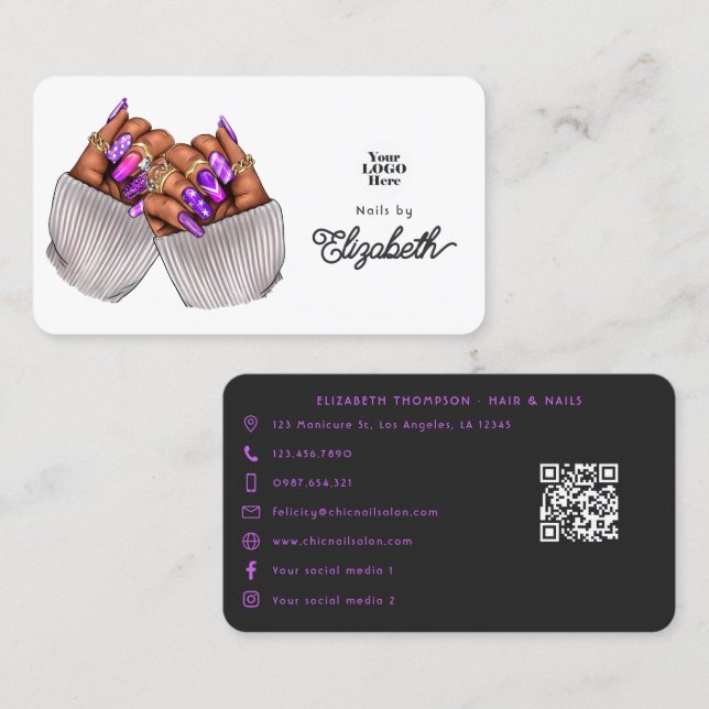 Carte De Visite Stylé Black & Purple African American Nail Salon (Devant / Derrière)
