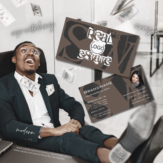 Carte De Visite Style Brown gris blanc avec logo photo Monogramme (Créateur téléchargé)