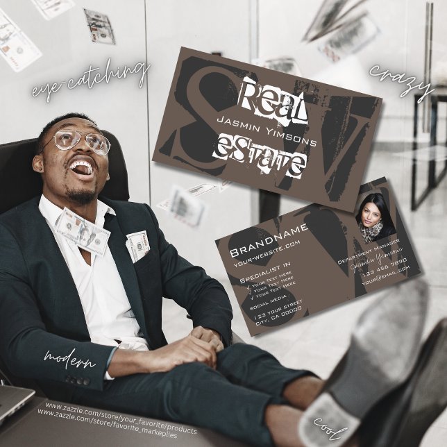 Carte De Visite Style Brown gris blanc avec photo et monogramme (Créateur téléchargé)