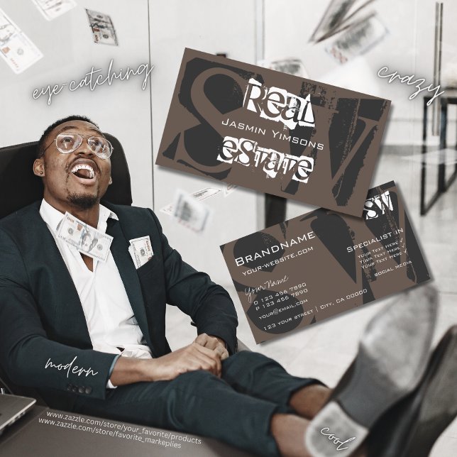 Carte De Visite Style Brown gris et blanc avec initiales Moderne (Créateur téléchargé)